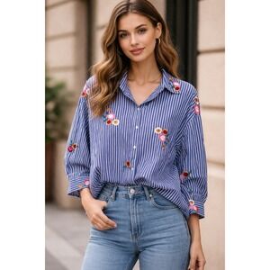 H&M Blue Striped Floral Embroidered Blouse Size 14